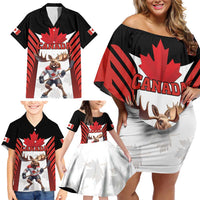 Custom Canada Hockey Family Matching Off Shoulder Short Dress and Hawaiian Shirt Moose Playing Ice Hockey