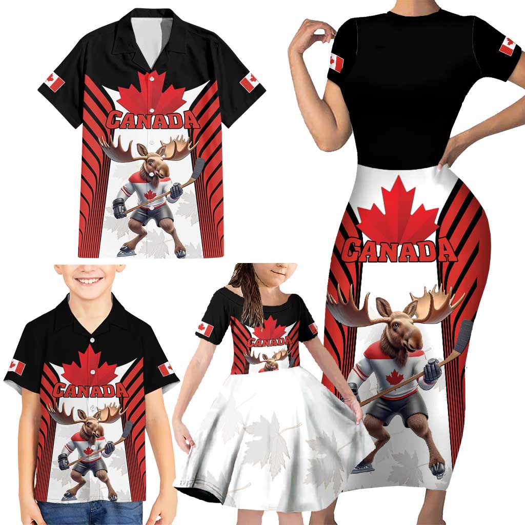 Custom Canada Hockey Family Matching Short Sleeve Bodycon Dress and Hawaiian Shirt Moose Playing Ice Hockey