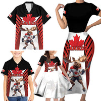 Custom Canada Hockey Family Matching Short Sleeve Bodycon Dress and Hawaiian Shirt Moose Playing Ice Hockey
