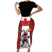 Custom Canada Hockey Family Matching Short Sleeve Bodycon Dress and Hawaiian Shirt Moose Playing Ice Hockey