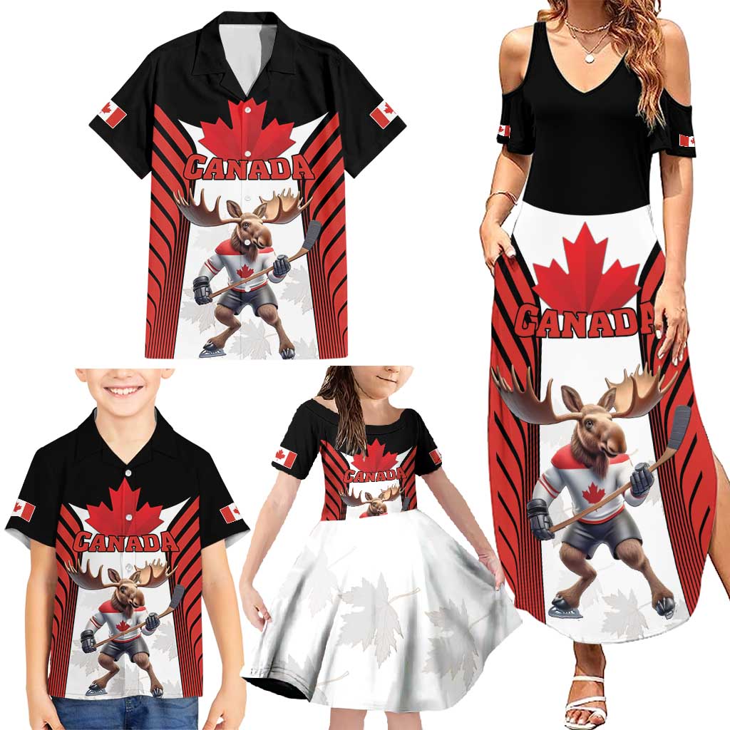 Custom Canada Hockey Family Matching Summer Maxi Dress and Hawaiian Shirt Moose Playing Ice Hockey