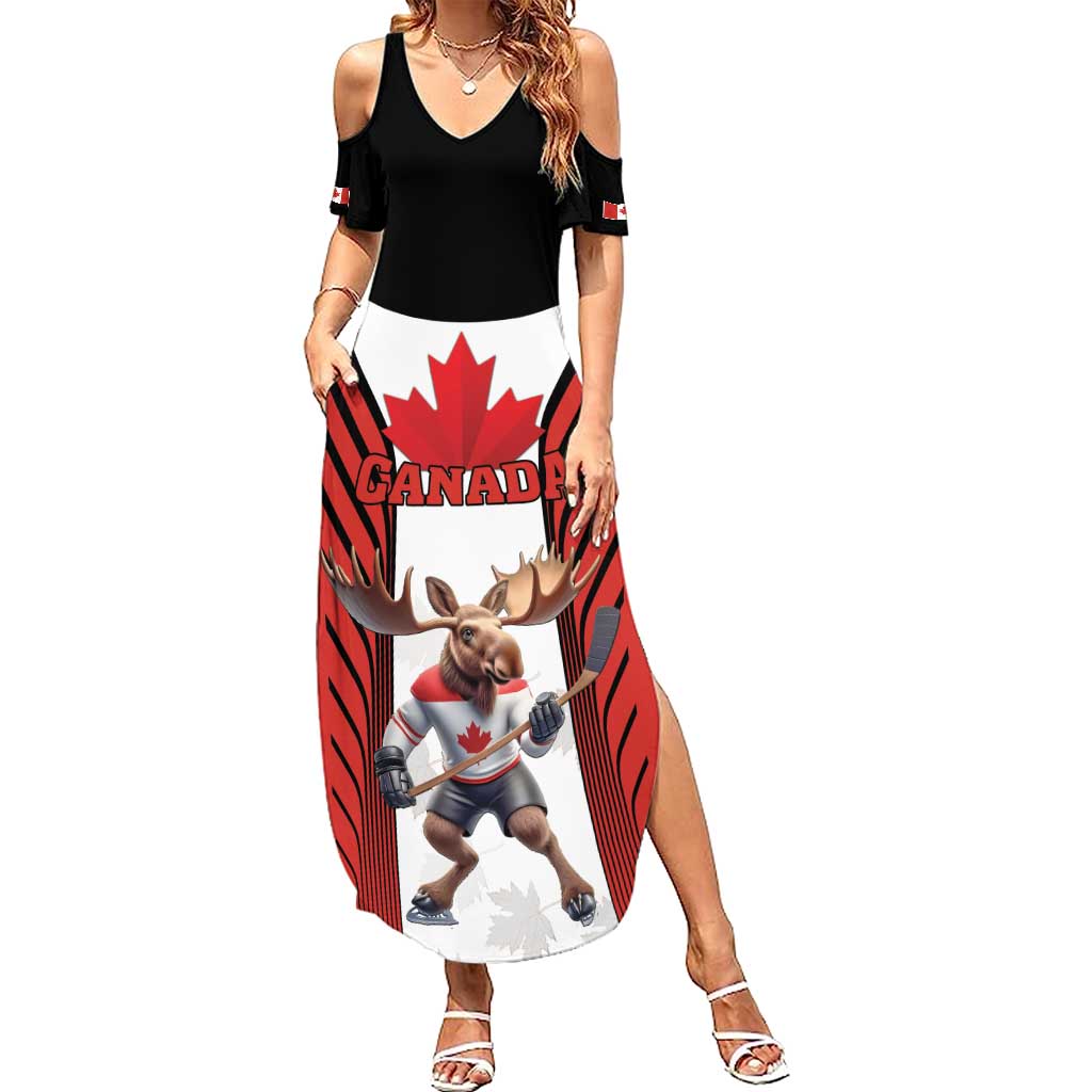Custom Canada Hockey Family Matching Summer Maxi Dress and Hawaiian Shirt Moose Playing Ice Hockey