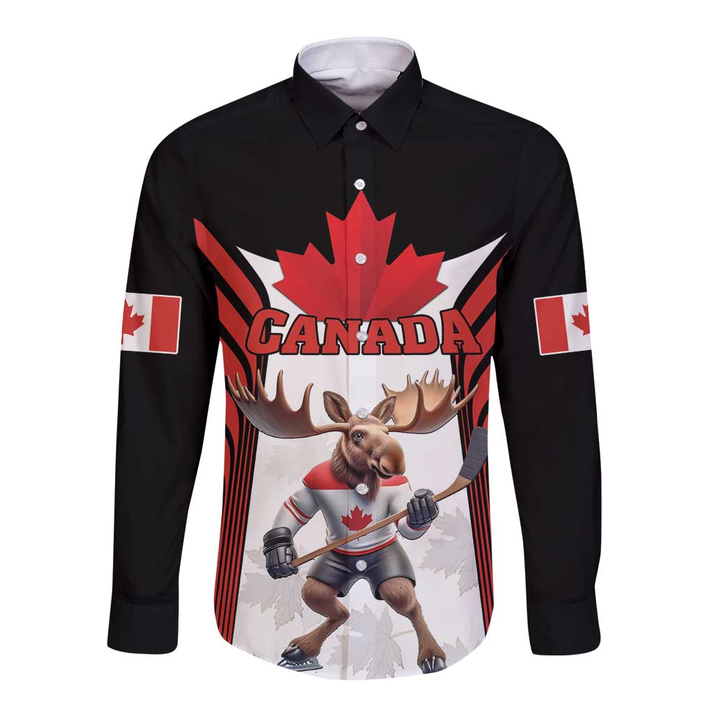Custom Canada Hockey Long Sleeve Button Shirt Moose Playing Ice Hockey