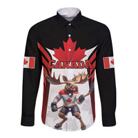 Custom Canada Hockey Long Sleeve Button Shirt Moose Playing Ice Hockey