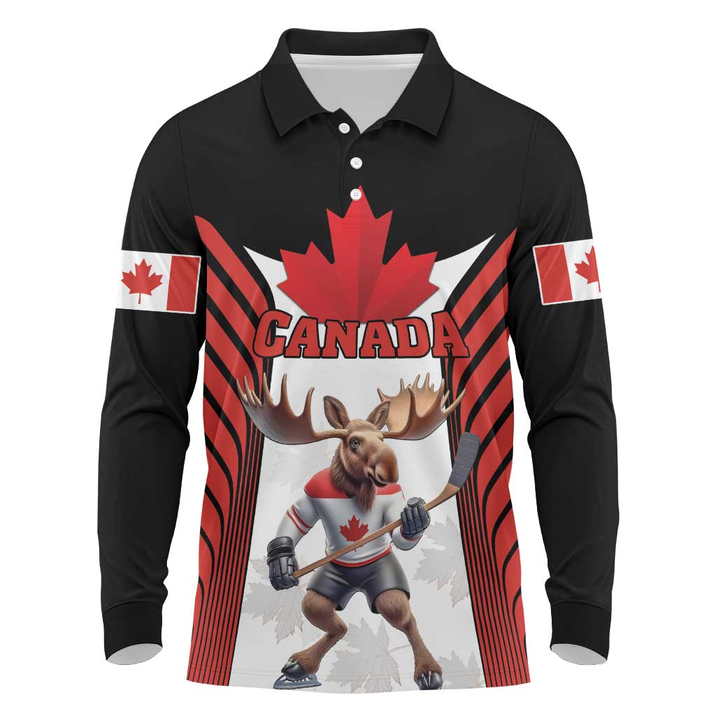 Custom Canada Hockey Long Sleeve Polo Shirt Moose Playing Ice Hockey