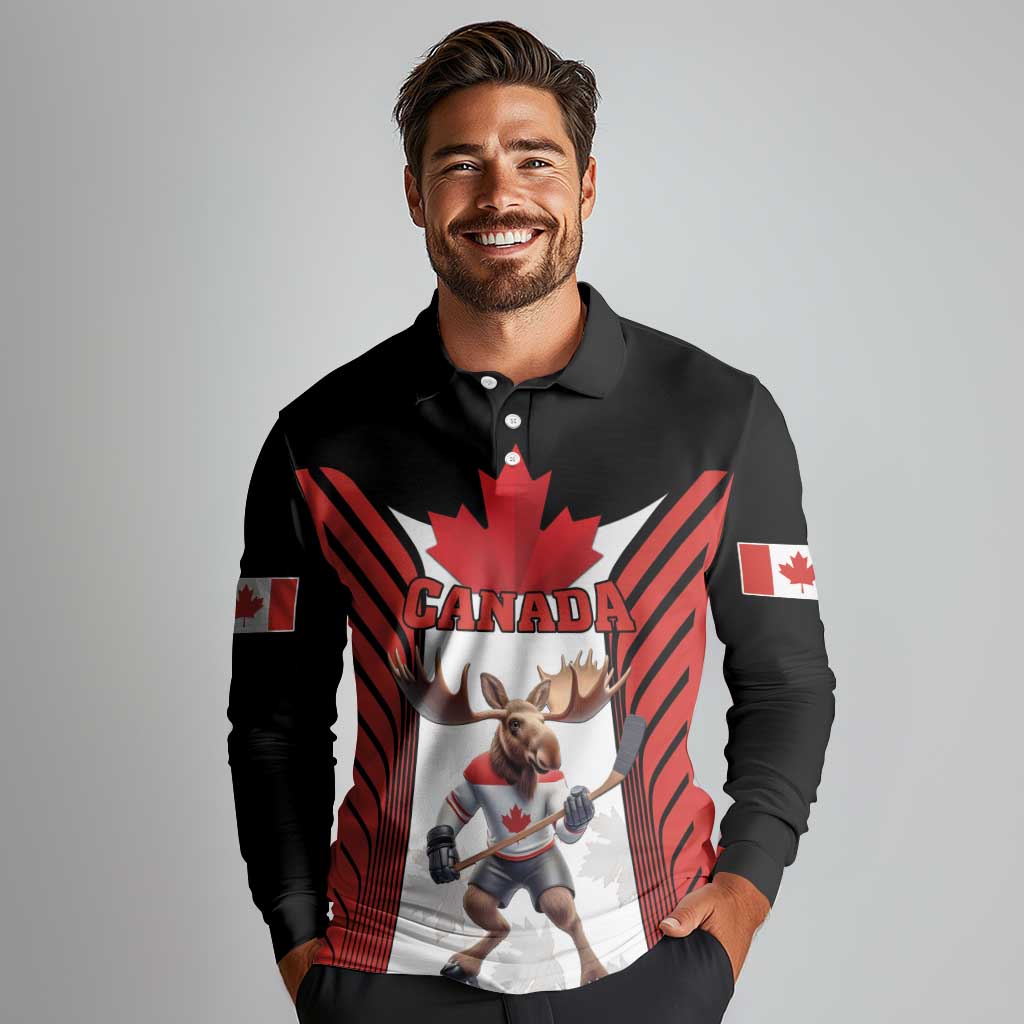 Custom Canada Hockey Long Sleeve Polo Shirt Moose Playing Ice Hockey