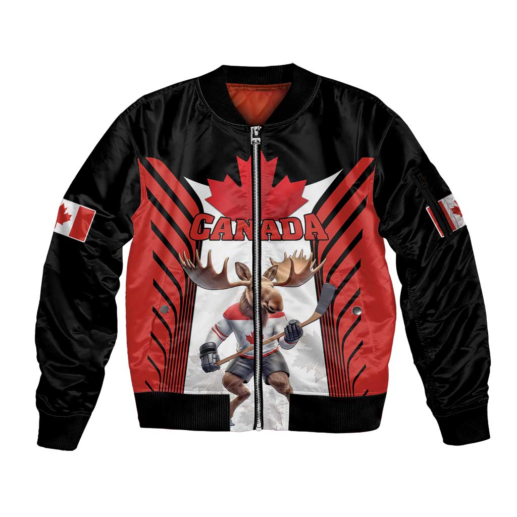 Custom Canada Hockey Sleeve Zip Bomber Jacket Moose Playing Ice Hockey