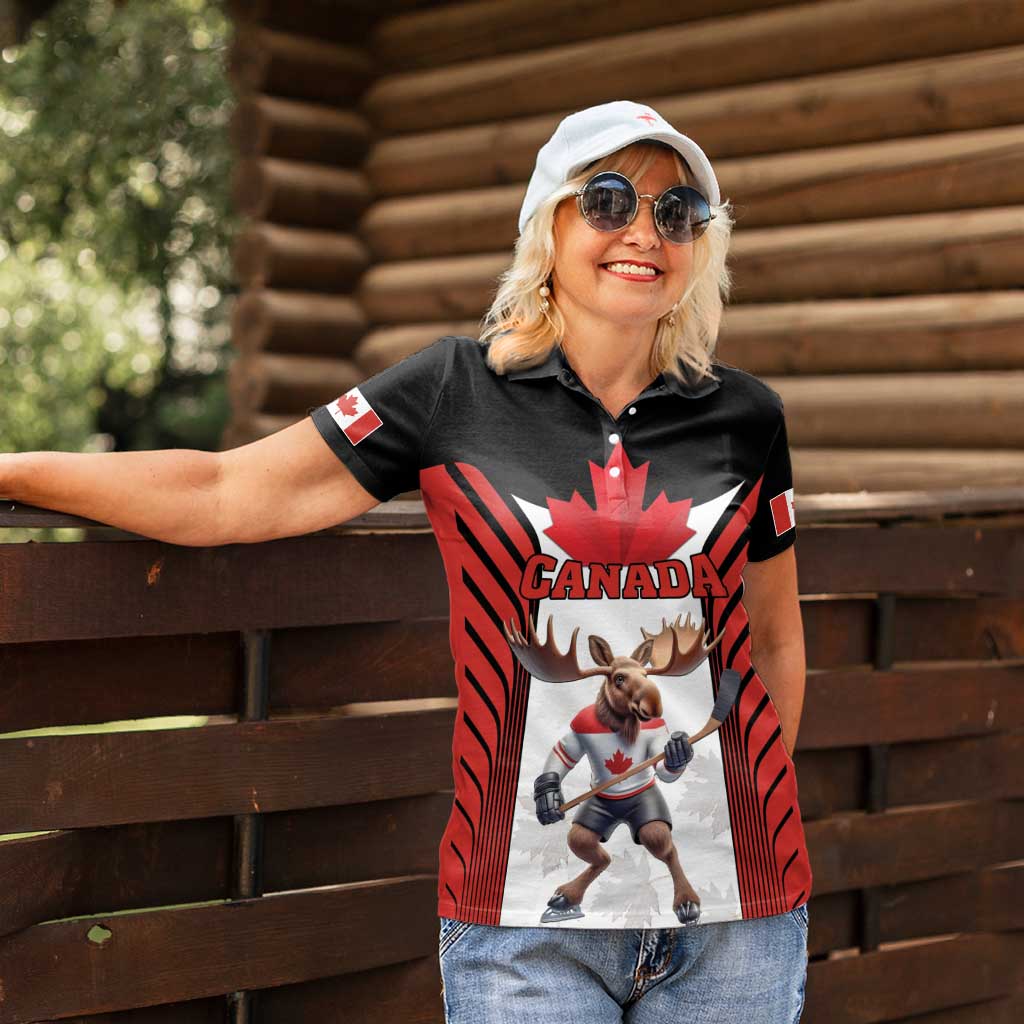 Custom Canada Hockey Women Polo Shirt Moose Playing Ice Hockey