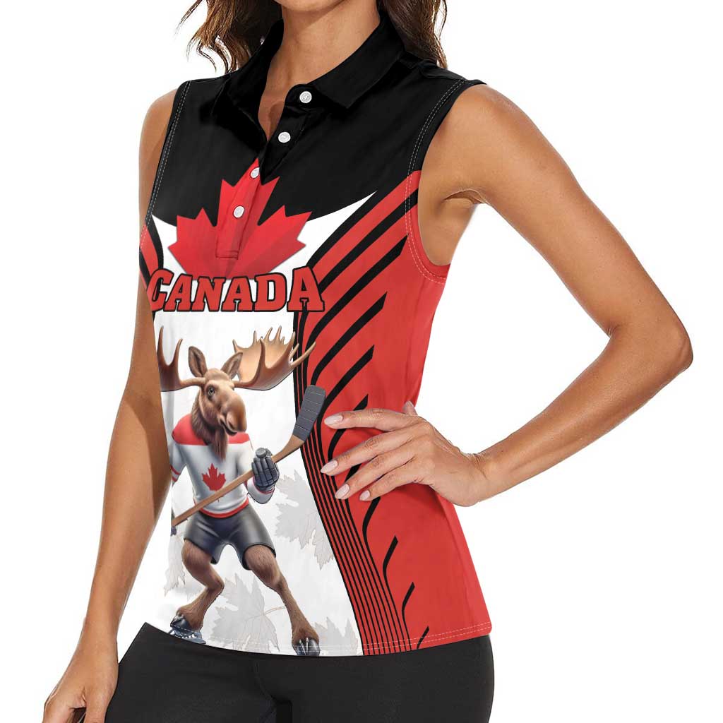 Custom Canada Hockey Women Sleeveless Polo Shirt Moose Playing Ice Hockey