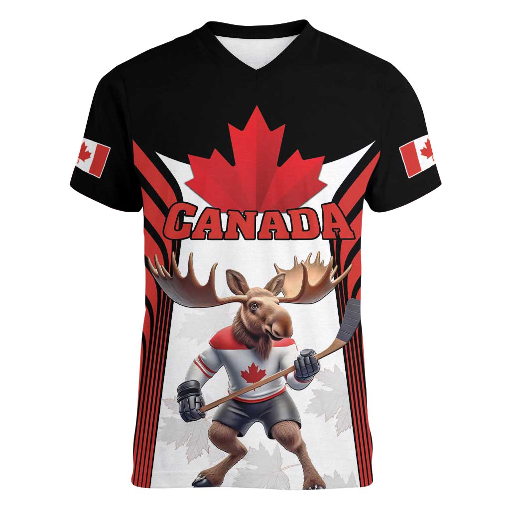 Custom Canada Hockey Women V-Neck T-Shirt Moose Playing Ice Hockey