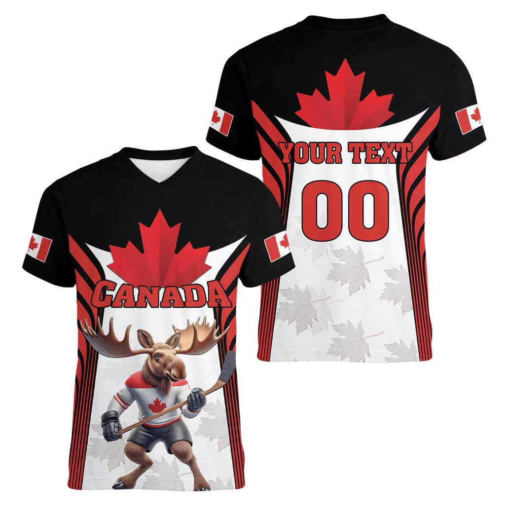 Custom Canada Hockey Women V-Neck T-Shirt Moose Playing Ice Hockey