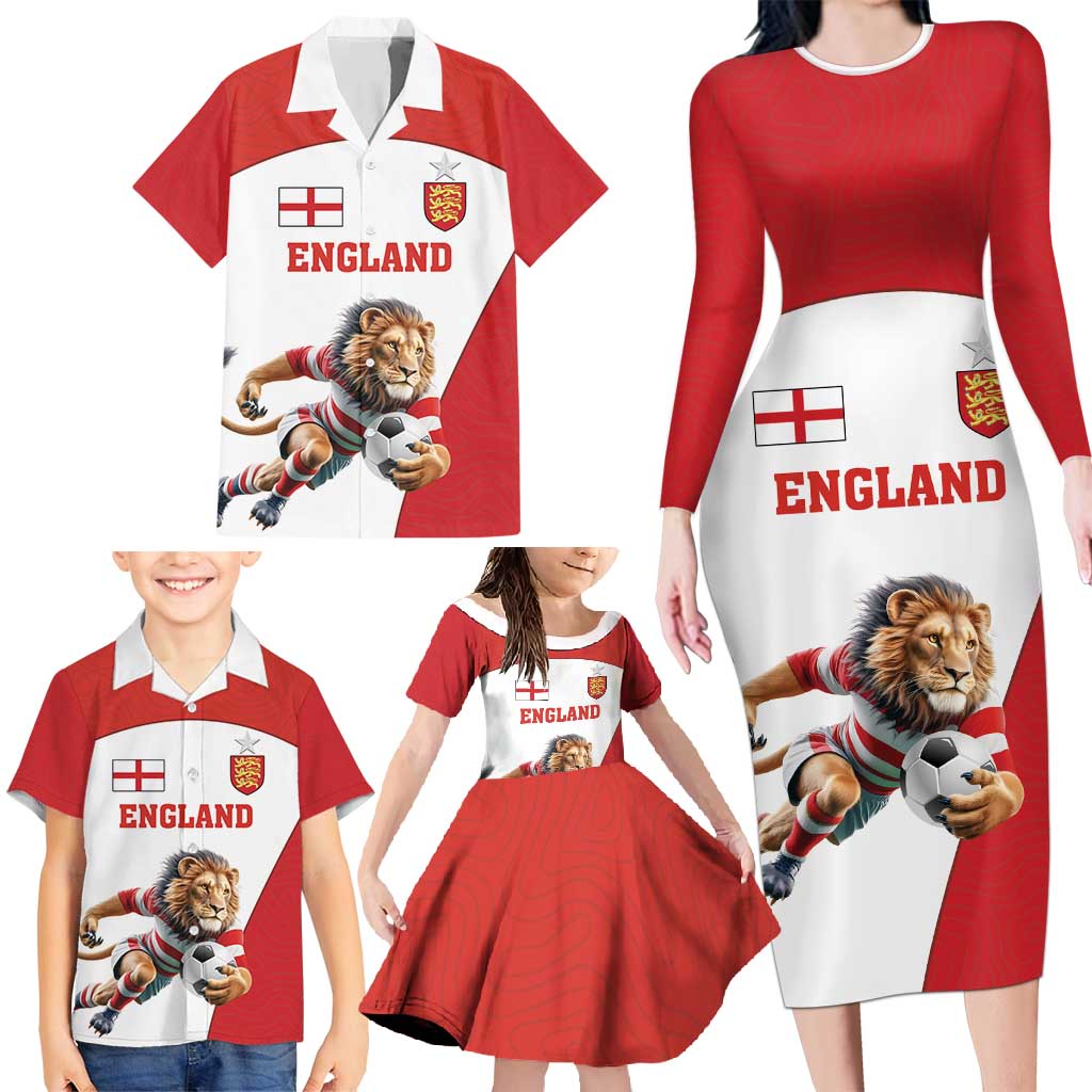 Custom England Football Family Matching Long Sleeve Bodycon Dress and Hawaiian Shirt Lion Mascot Sporty Version