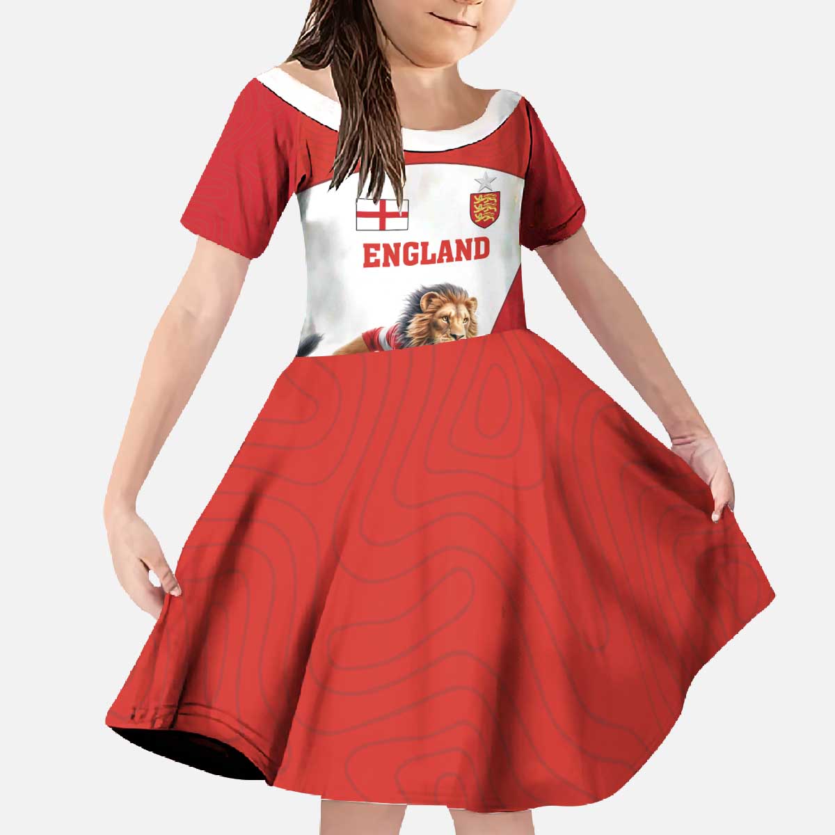 Custom England Football Family Matching Off The Shoulder Long Sleeve Dress and Hawaiian Shirt Lion Mascot Sporty Version