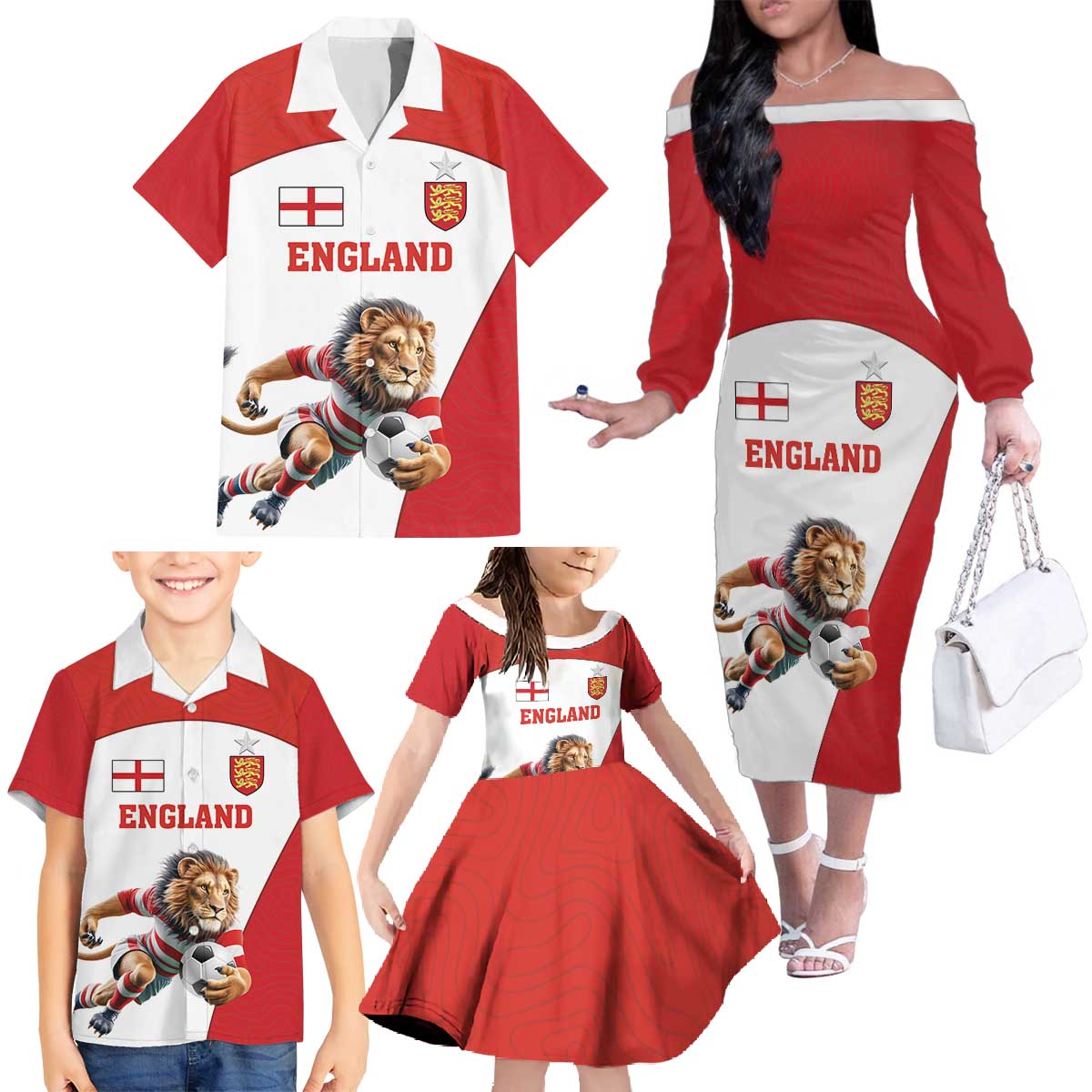 Custom England Football Family Matching Off The Shoulder Long Sleeve Dress and Hawaiian Shirt Lion Mascot Sporty Version