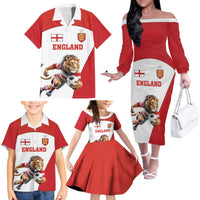 Custom England Football Family Matching Off The Shoulder Long Sleeve Dress and Hawaiian Shirt Lion Mascot Sporty Version