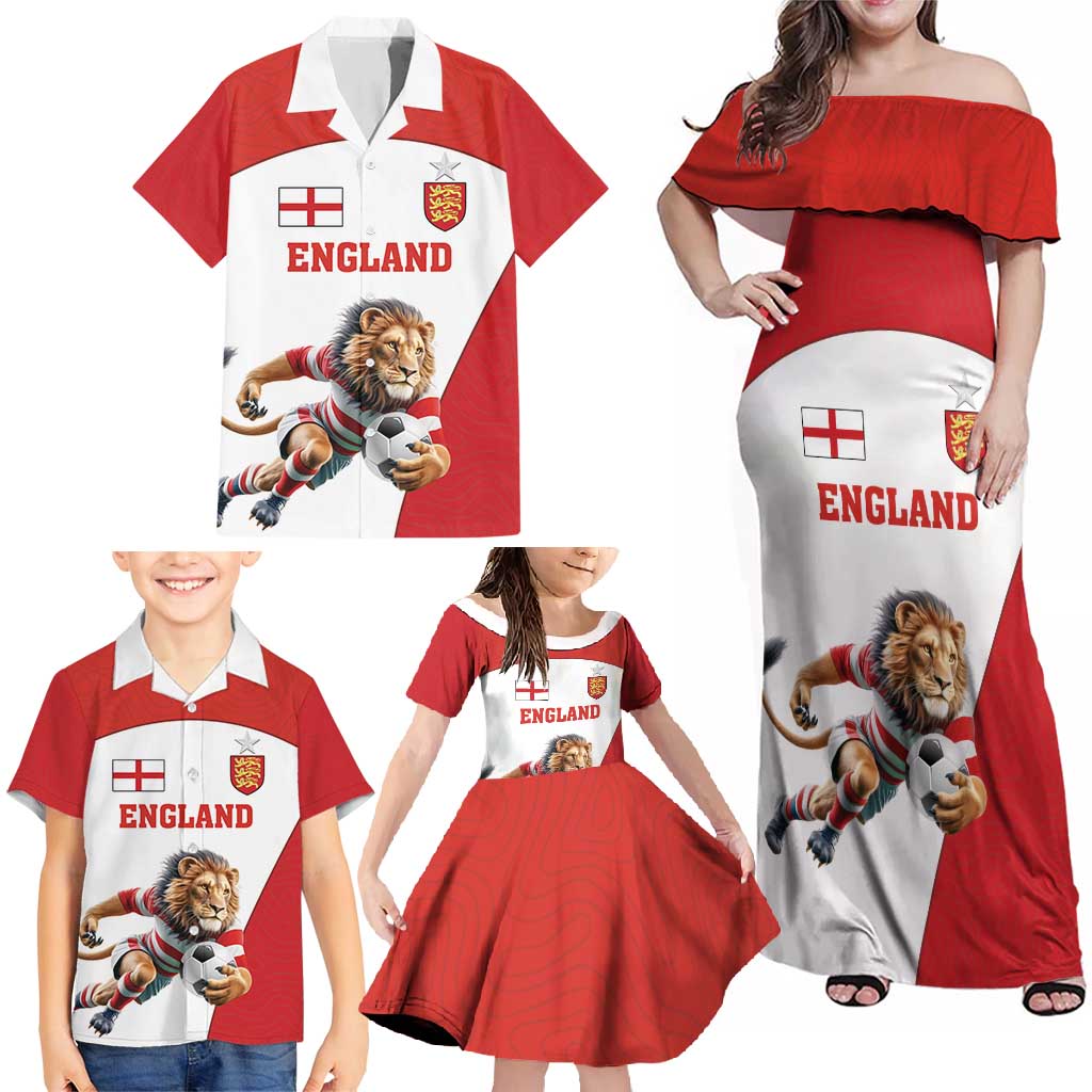 Custom England Football Family Matching Off Shoulder Maxi Dress and Hawaiian Shirt Lion Mascot Sporty Version