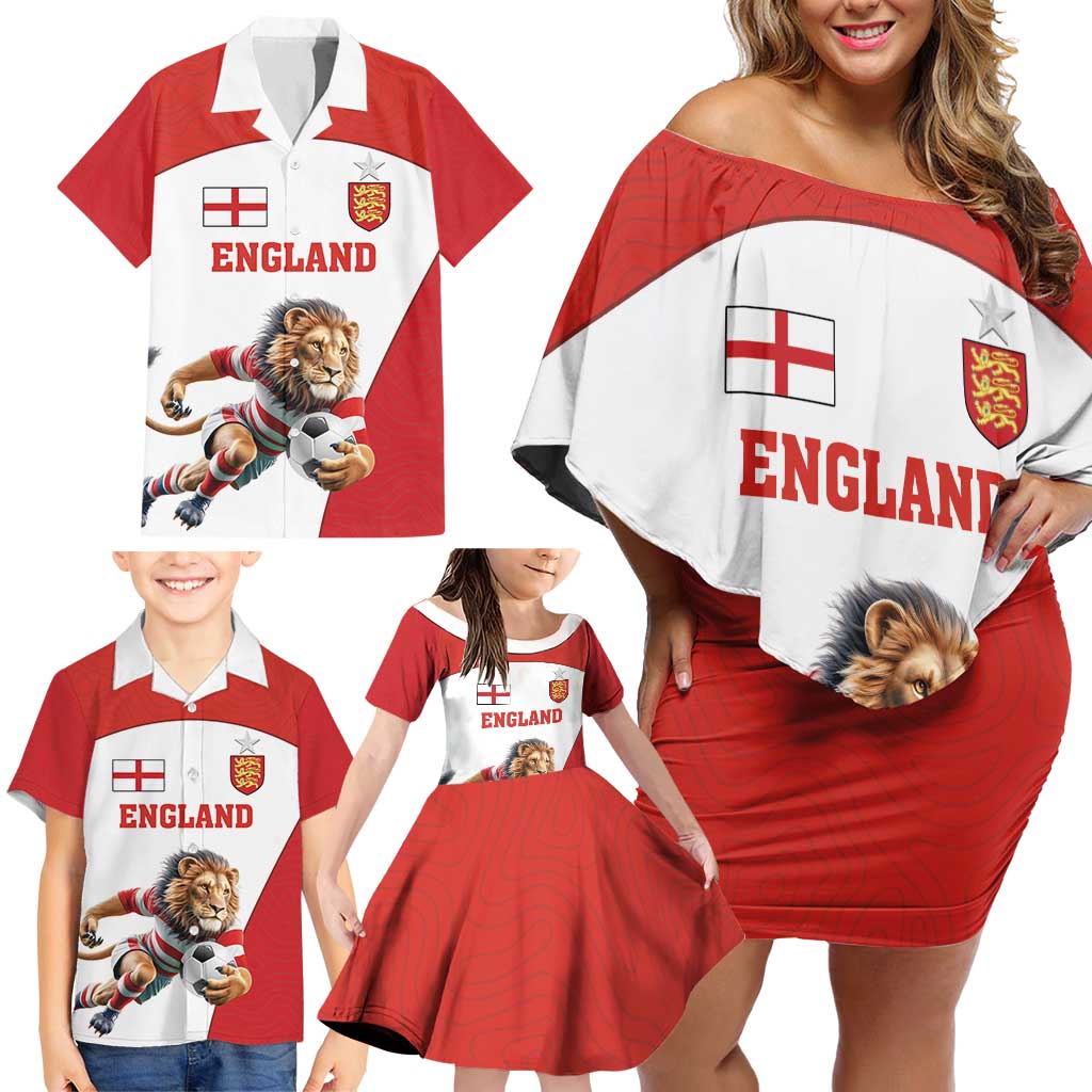 Custom England Football Family Matching Off Shoulder Short Dress and Hawaiian Shirt Lion Mascot Sporty Version