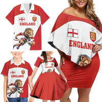 Custom England Football Family Matching Off Shoulder Short Dress and Hawaiian Shirt Lion Mascot Sporty Version