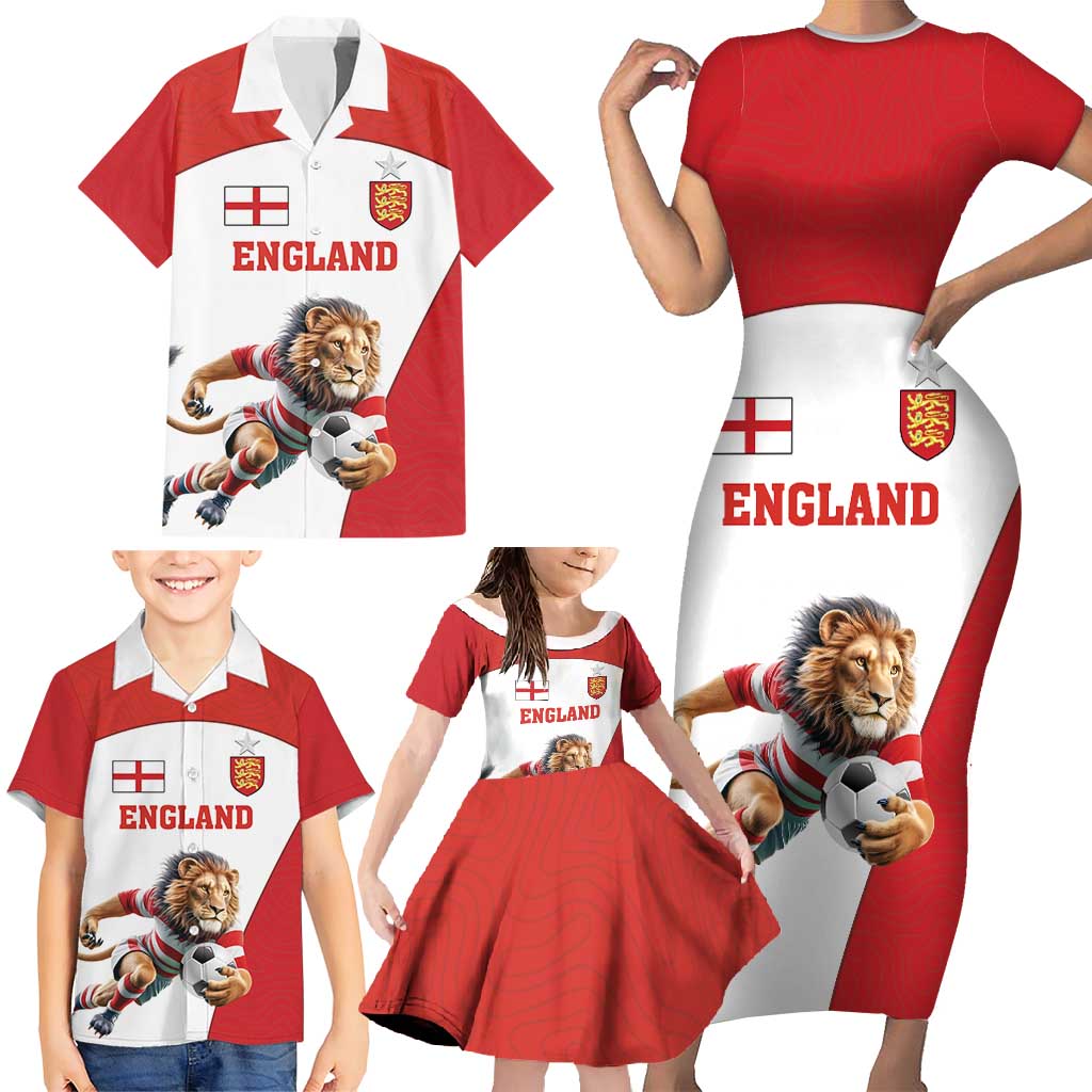 Custom England Football Family Matching Short Sleeve Bodycon Dress and Hawaiian Shirt Lion Mascot Sporty Version