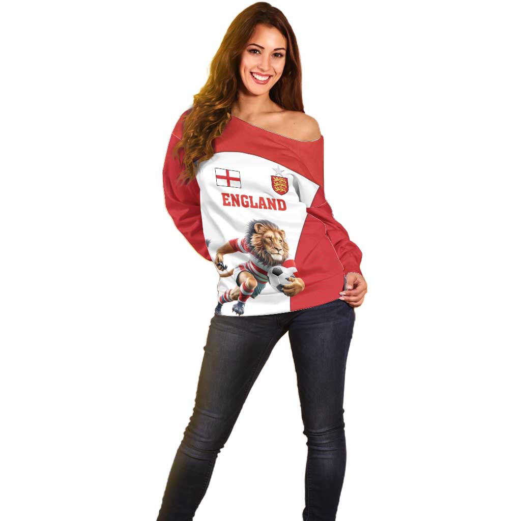 Custom England Football Off Shoulder Sweater Lion Mascot Sporty Version