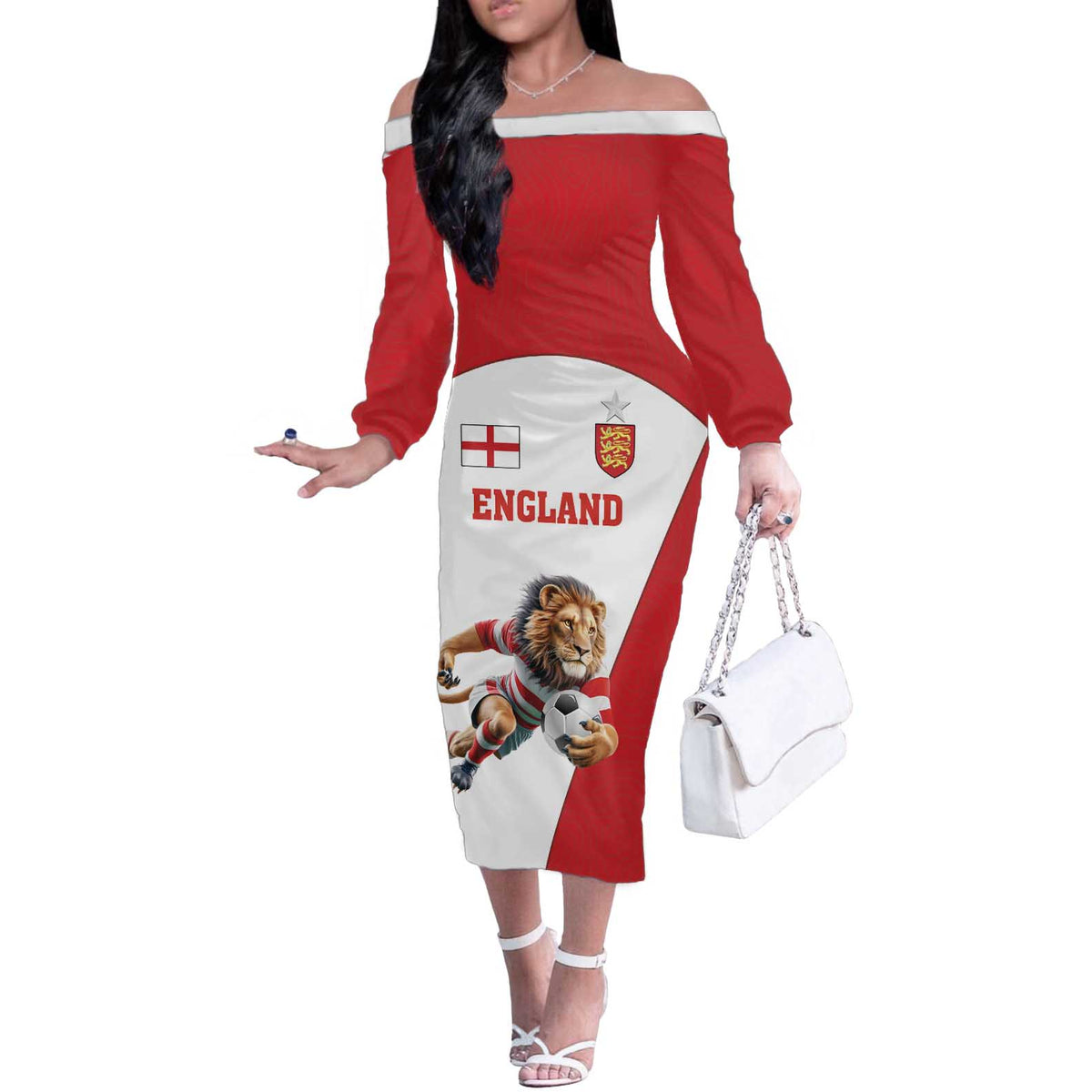 Custom England Football Off The Shoulder Long Sleeve Dress Lion Mascot Sporty Version