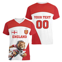 Custom England Football Women V-Neck T-Shirt Lion Mascot Sporty Version