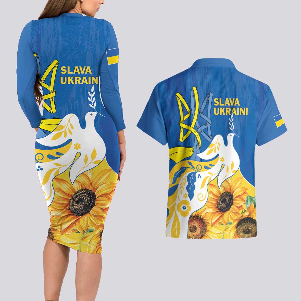 Stand For Ukraine Couples Matching Long Sleeve Bodycon Dress and Hawaiian Shirt Dove Of Peace Sunflower