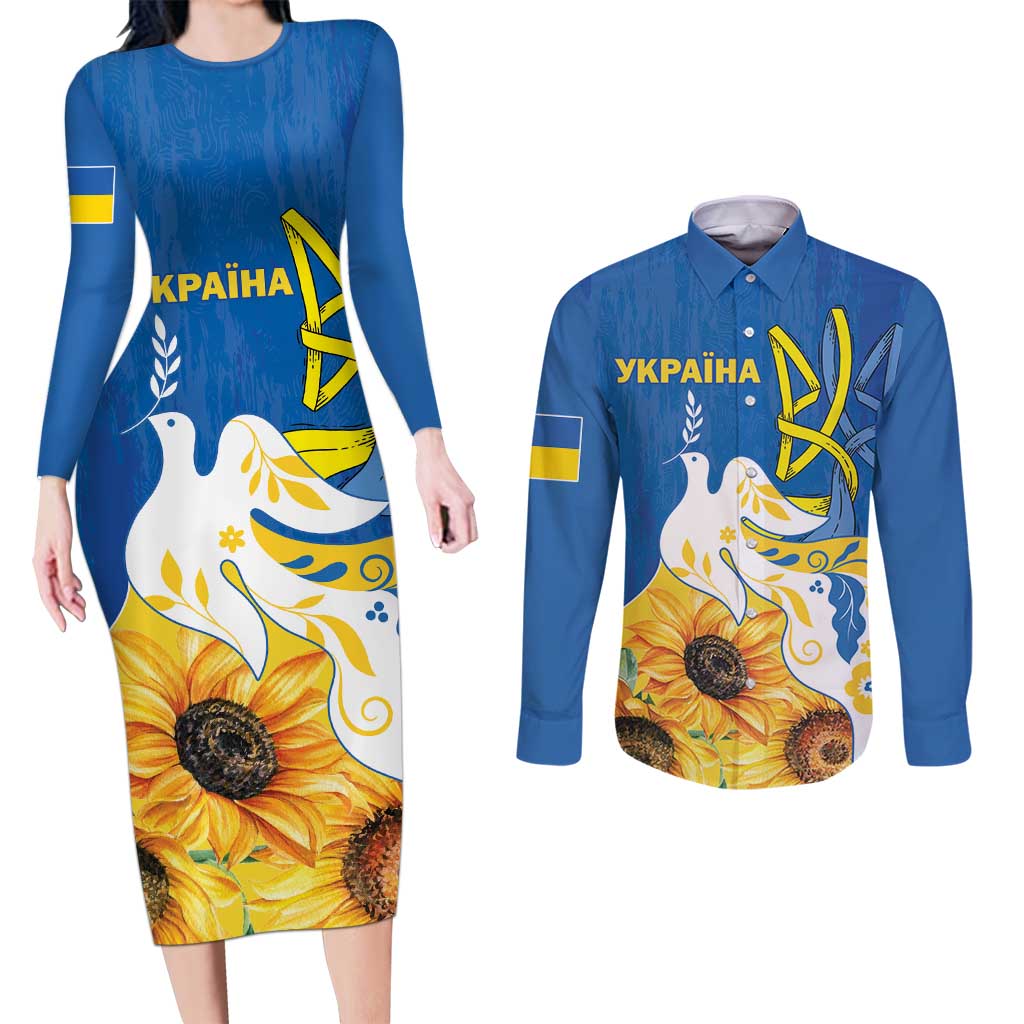 Stand For Ukraine Couples Matching Long Sleeve Bodycon Dress and Long Sleeve Button Shirt Dove Of Peace Sunflower