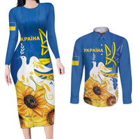 Stand For Ukraine Couples Matching Long Sleeve Bodycon Dress and Long Sleeve Button Shirt Dove Of Peace Sunflower