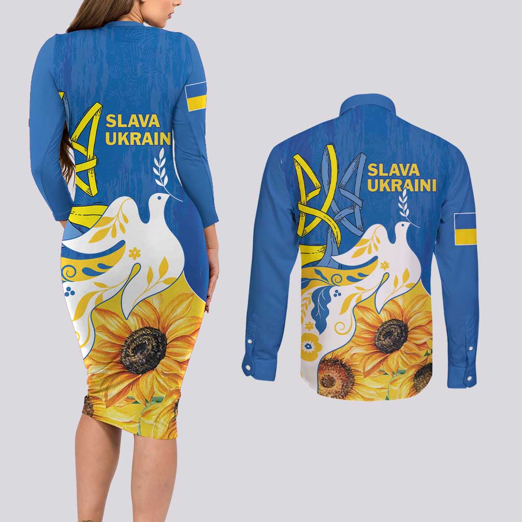 Stand For Ukraine Couples Matching Long Sleeve Bodycon Dress and Long Sleeve Button Shirt Dove Of Peace Sunflower