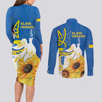 Stand For Ukraine Couples Matching Long Sleeve Bodycon Dress and Long Sleeve Button Shirt Dove Of Peace Sunflower
