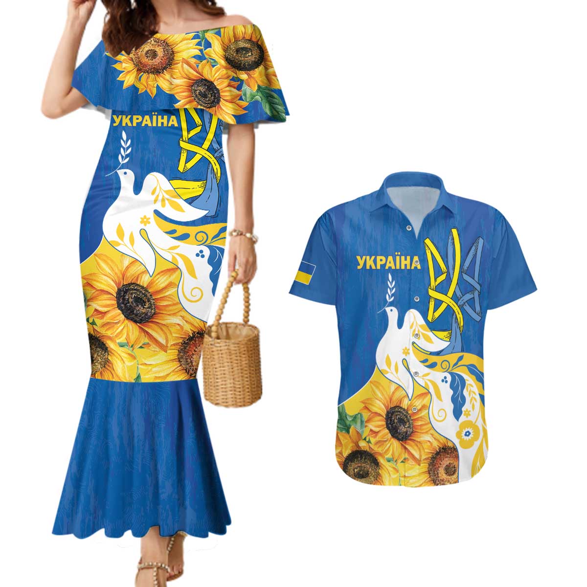Stand For Ukraine Couples Matching Mermaid Dress and Hawaiian Shirt Dove Of Peace Sunflower