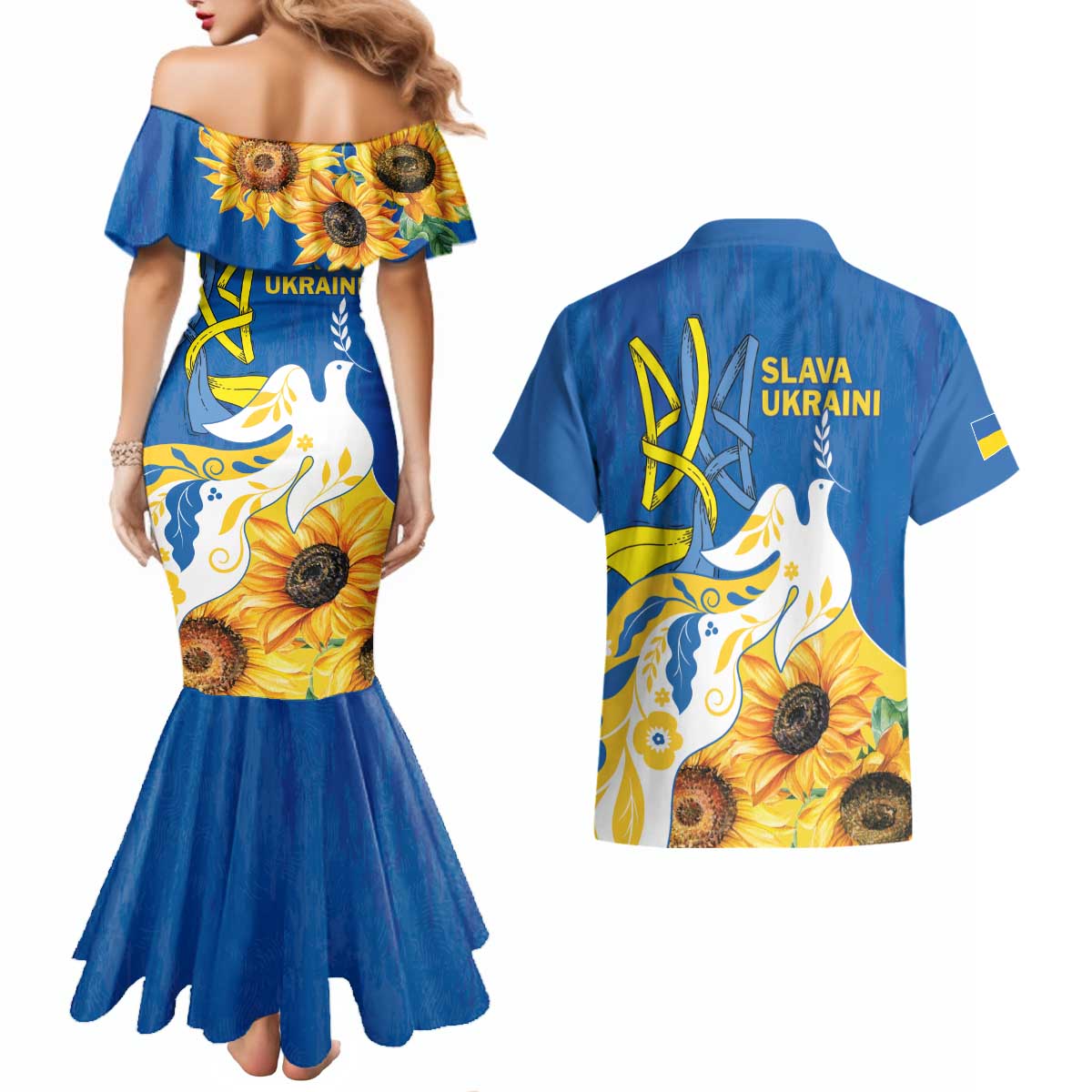 Stand For Ukraine Couples Matching Mermaid Dress and Hawaiian Shirt Dove Of Peace Sunflower
