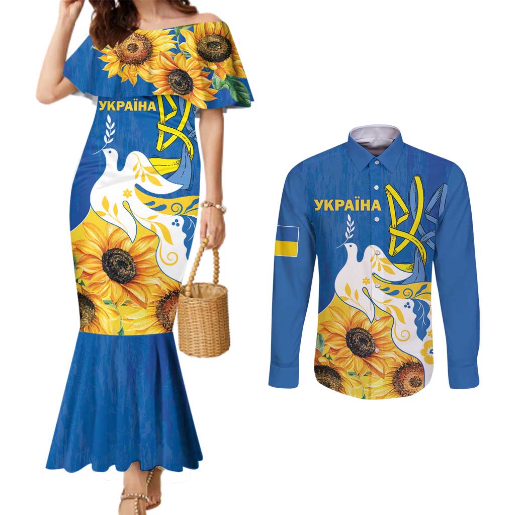 Stand For Ukraine Couples Matching Mermaid Dress and Long Sleeve Button Shirt Dove Of Peace Sunflower