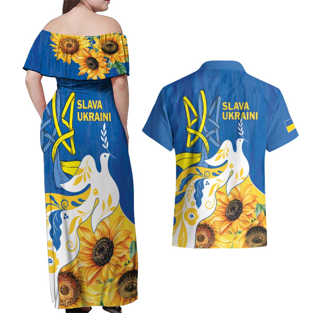 Stand For Ukraine Couples Matching Off Shoulder Maxi Dress and Hawaiian Shirt Dove Of Peace Sunflower