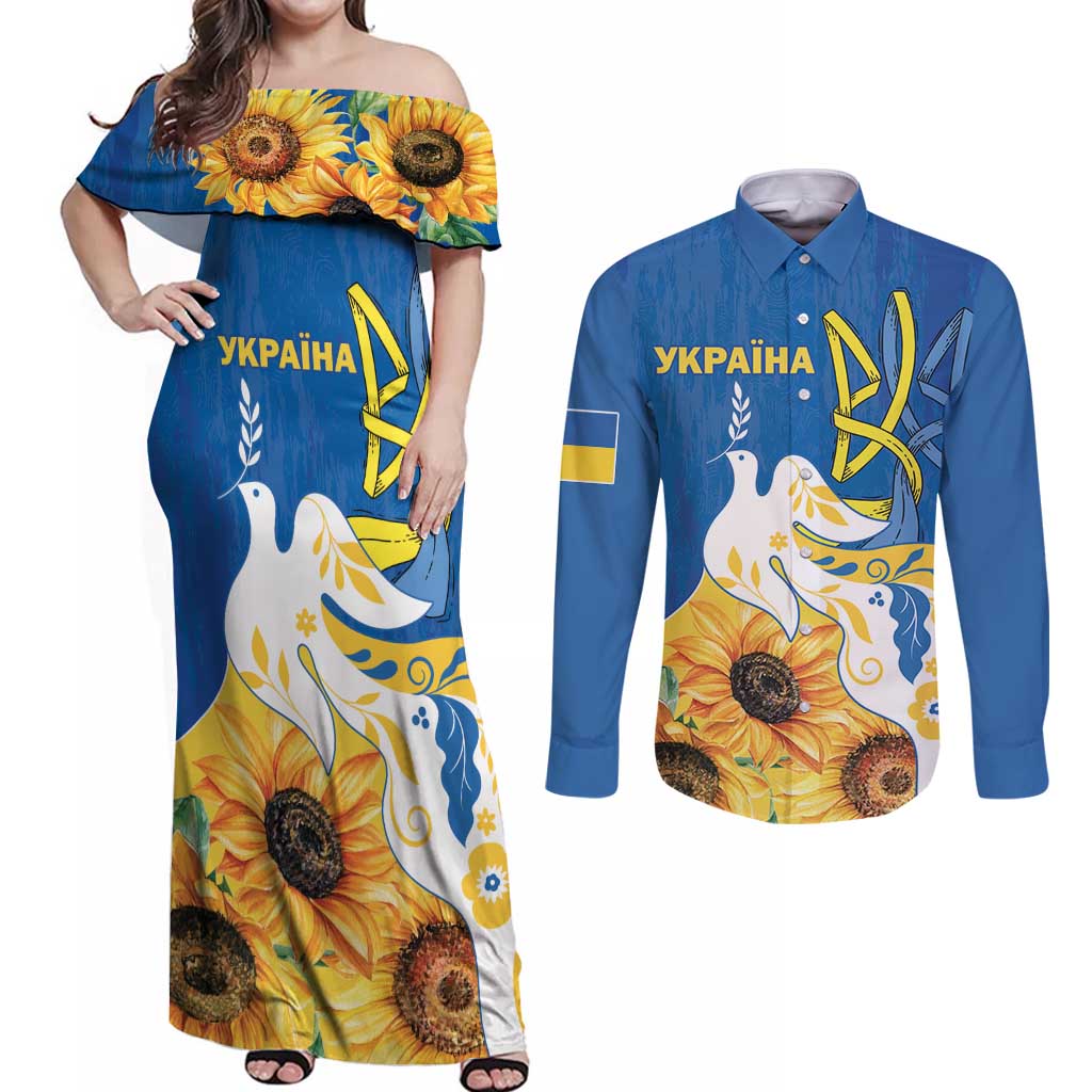 Stand For Ukraine Couples Matching Off Shoulder Maxi Dress and Long Sleeve Button Shirt Dove Of Peace Sunflower
