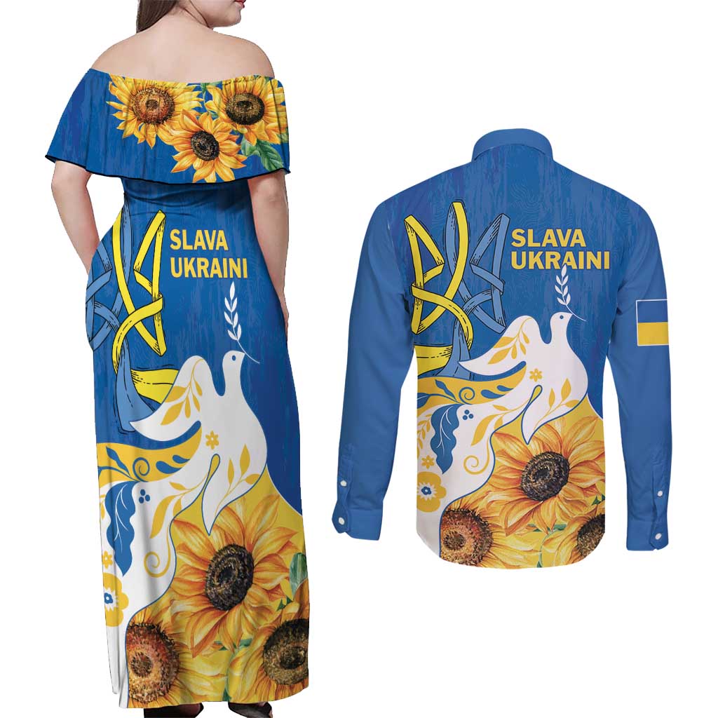 Stand For Ukraine Couples Matching Off Shoulder Maxi Dress and Long Sleeve Button Shirt Dove Of Peace Sunflower