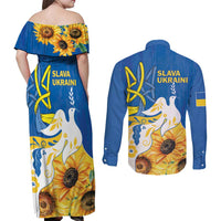 Stand For Ukraine Couples Matching Off Shoulder Maxi Dress and Long Sleeve Button Shirt Dove Of Peace Sunflower