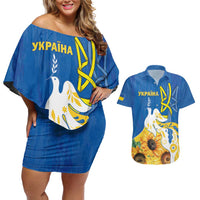Stand For Ukraine Couples Matching Off Shoulder Short Dress and Hawaiian Shirt Dove Of Peace Sunflower