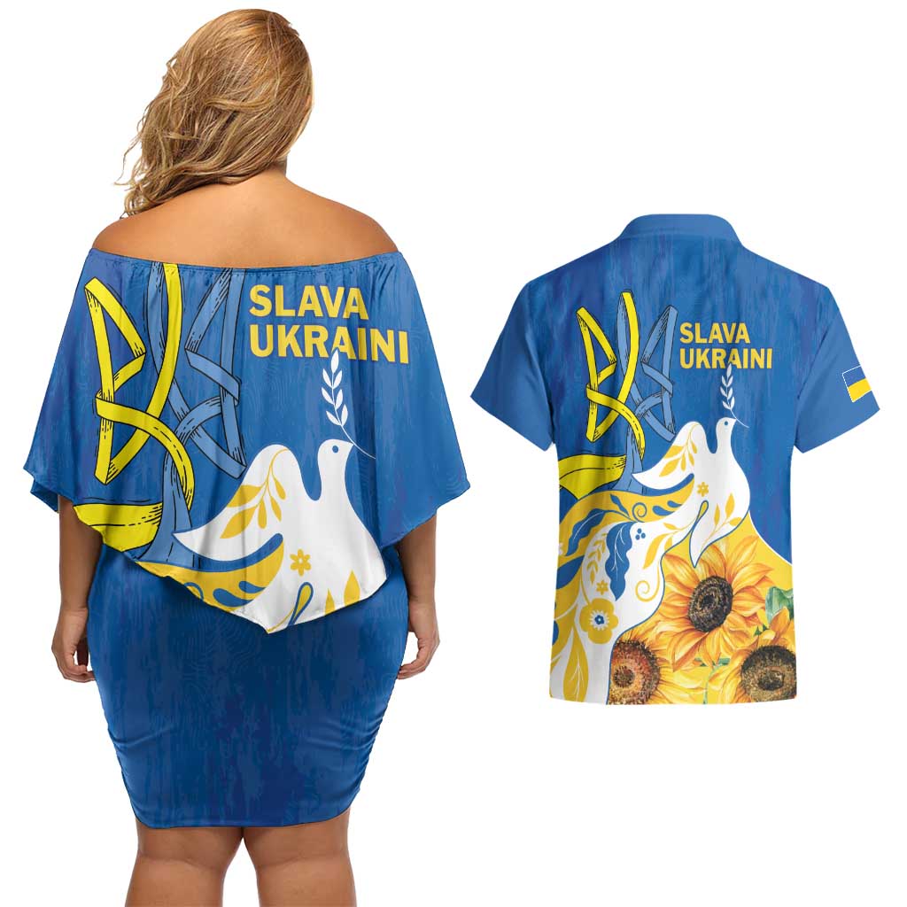 Stand For Ukraine Couples Matching Off Shoulder Short Dress and Hawaiian Shirt Dove Of Peace Sunflower