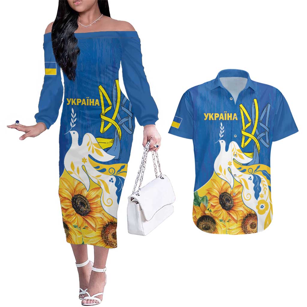 Stand For Ukraine Couples Matching Off The Shoulder Long Sleeve Dress and Hawaiian Shirt Dove Of Peace Sunflower