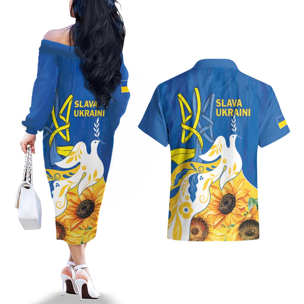 Stand For Ukraine Couples Matching Off The Shoulder Long Sleeve Dress and Hawaiian Shirt Dove Of Peace Sunflower