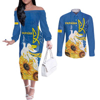 Stand For Ukraine Couples Matching Off The Shoulder Long Sleeve Dress and Long Sleeve Button Shirt Dove Of Peace Sunflower