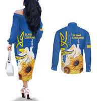 Stand For Ukraine Couples Matching Off The Shoulder Long Sleeve Dress and Long Sleeve Button Shirt Dove Of Peace Sunflower