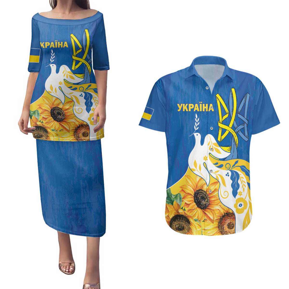 Stand For Ukraine Couples Matching Puletasi and Hawaiian Shirt Dove Of Peace Sunflower