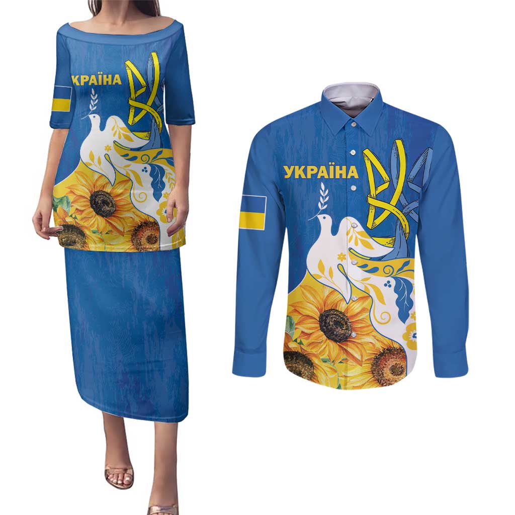 Stand For Ukraine Couples Matching Puletasi and Long Sleeve Button Shirt Dove Of Peace Sunflower