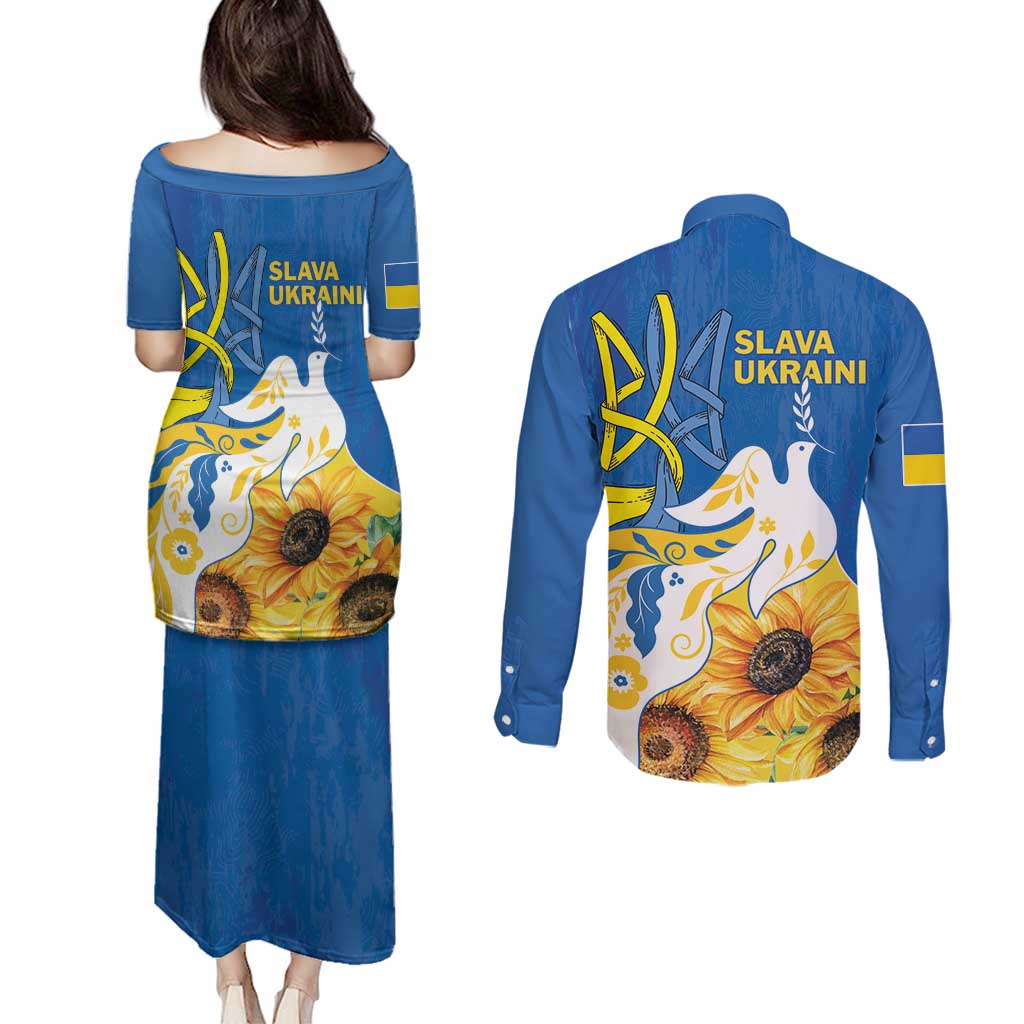 Stand For Ukraine Couples Matching Puletasi and Long Sleeve Button Shirt Dove Of Peace Sunflower