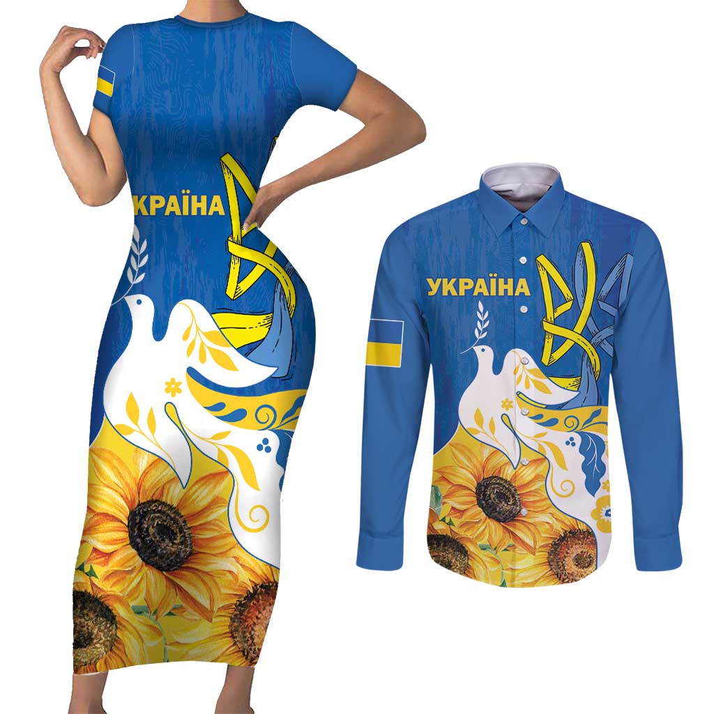 Stand For Ukraine Couples Matching Short Sleeve Bodycon Dress and Long Sleeve Button Shirt Dove Of Peace Sunflower