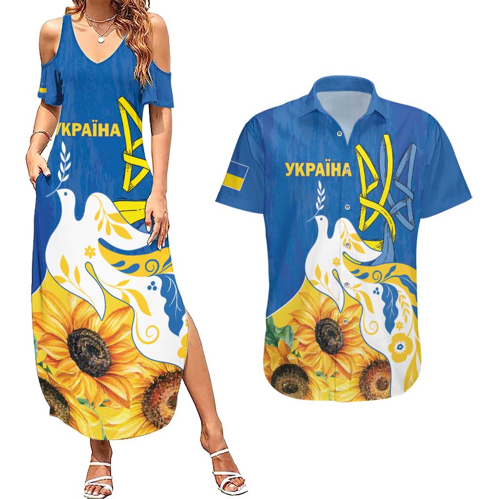 Stand For Ukraine Couples Matching Summer Maxi Dress and Hawaiian Shirt Dove Of Peace Sunflower
