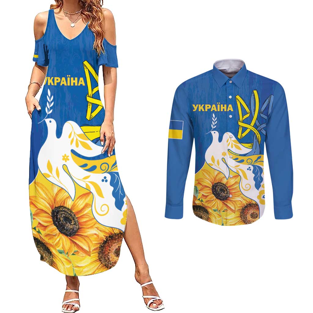 Stand For Ukraine Couples Matching Summer Maxi Dress and Long Sleeve Button Shirt Dove Of Peace Sunflower